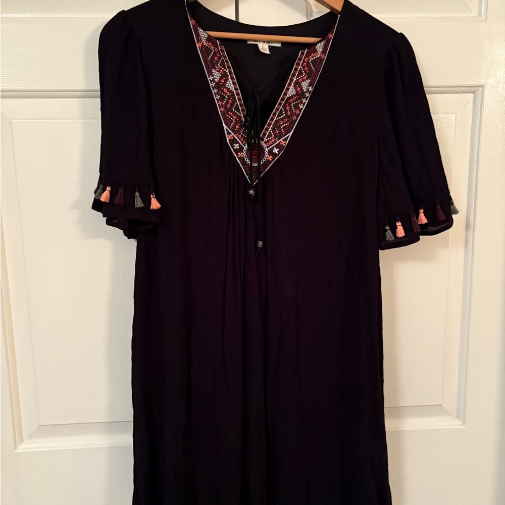 Black Embroidered Tassel V-Neck Dress